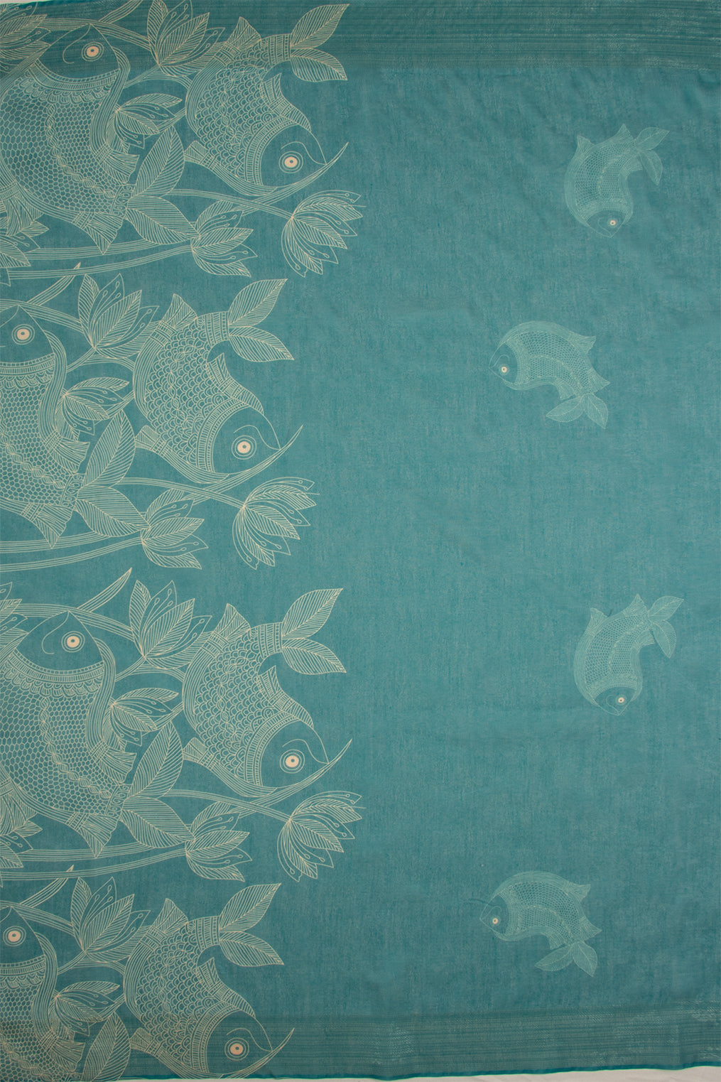 Maavish | Kalamkari-Inspired Digital Fish Print Poly-Linen Saree Green