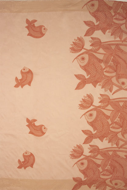 Maavish | Kalamkari-Inspired Digital Fish Print Poly-Linen Saree Red