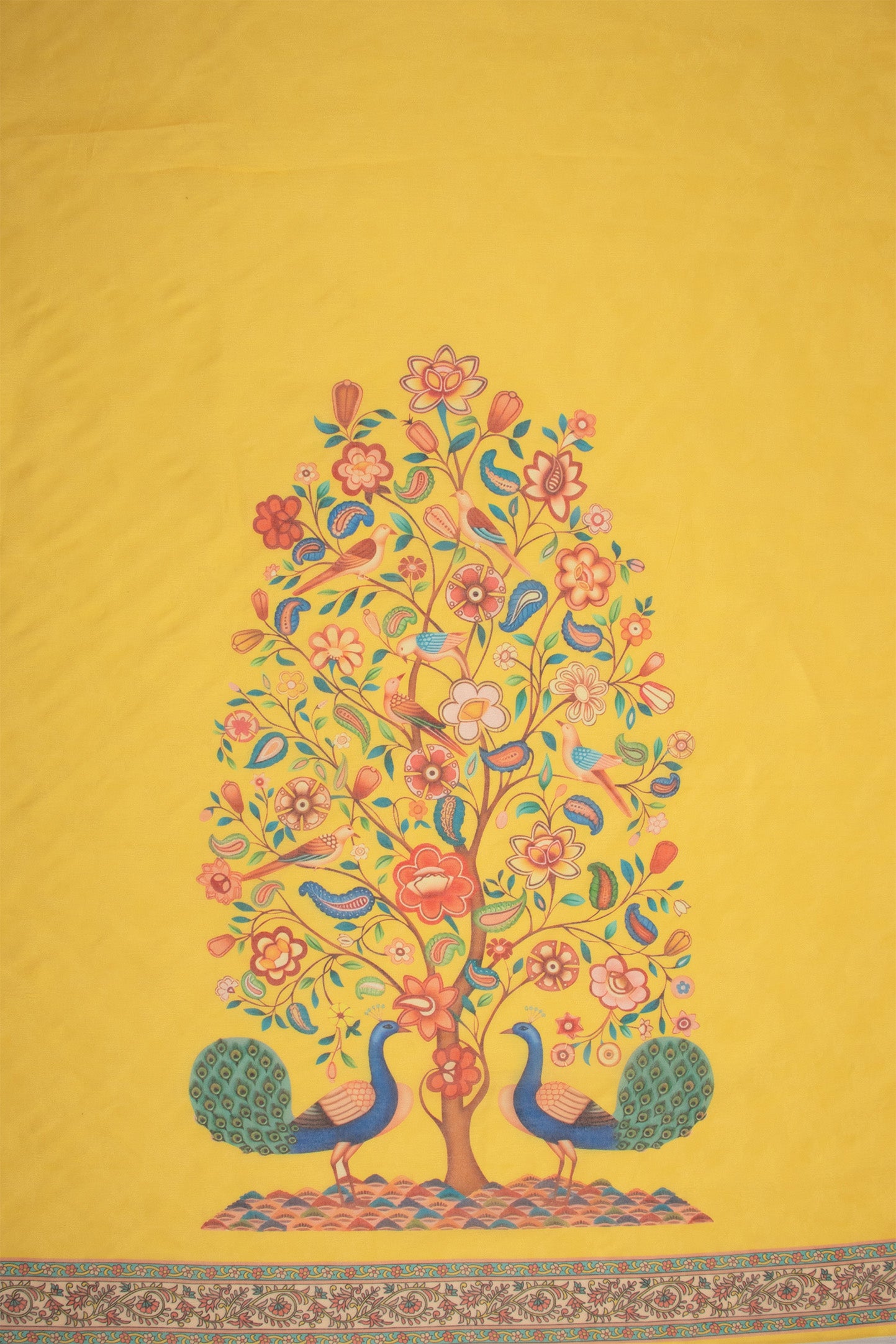 Maavish | Regal Peacock Digital Print Poly-Linen Saree Yellow