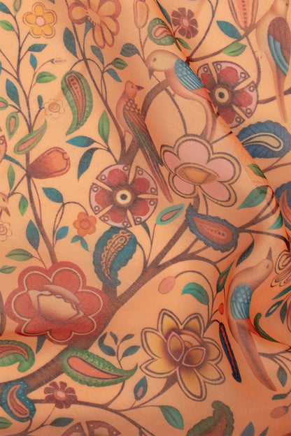 Maavish | Regal Peacock Digital Print Poly-Linen Saree Orange