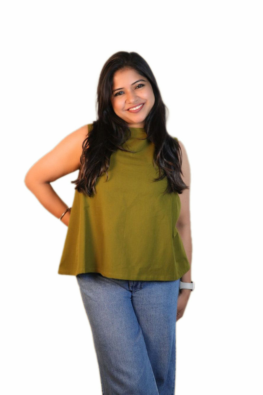 Maavish Olive Green Sleeveless Top with Side Smocking & Flared Hem