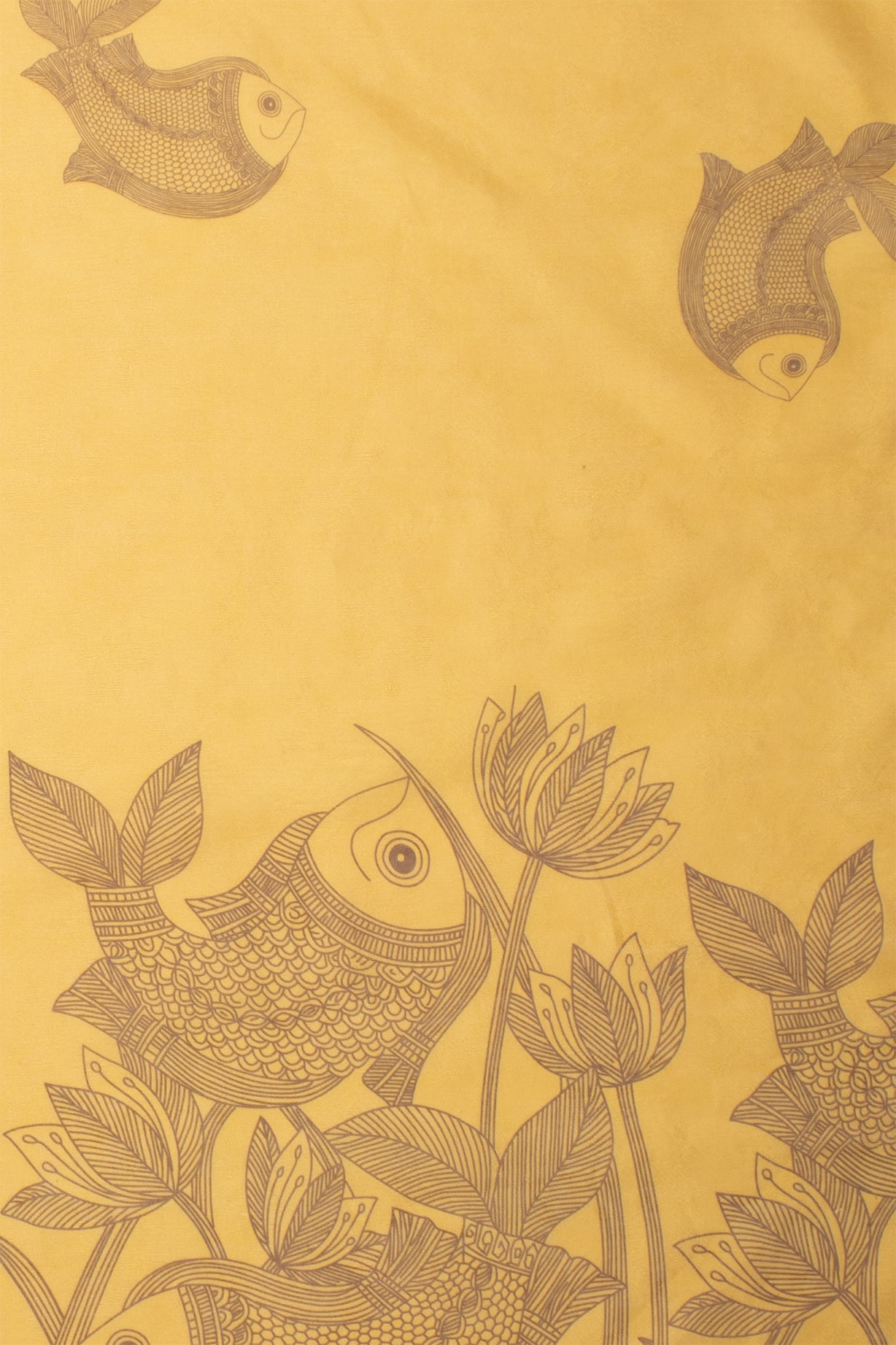 Maavish | Kalamkari-Inspired Digital Fish Print Poly-Linen Saree Yellow