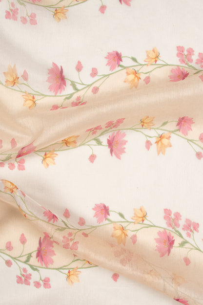 Maavish | Digital Floral Print Poly-Linen Saree White and Beige