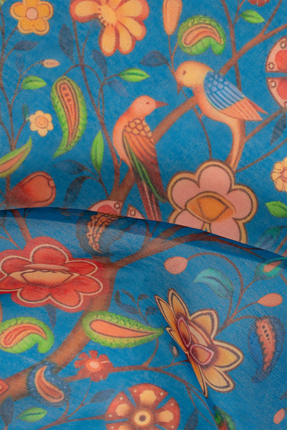 Maavish | Regal Peacock Digital Print Poly-Linen Saree Blue