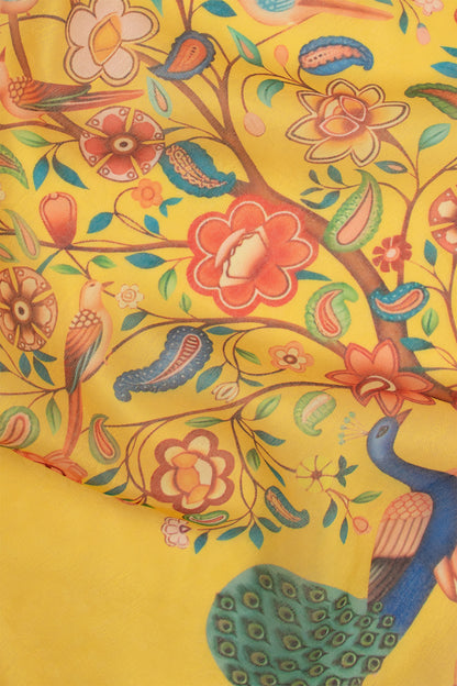 Maavish | Regal Peacock Digital Print Poly-Linen Saree Yellow