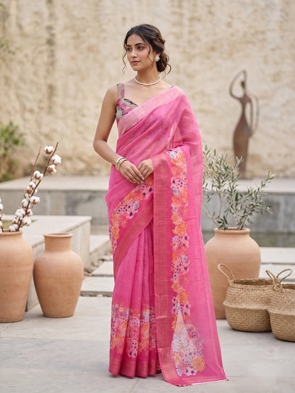 Maavish | Digital Floral Print Poly-Linen Saree Pink