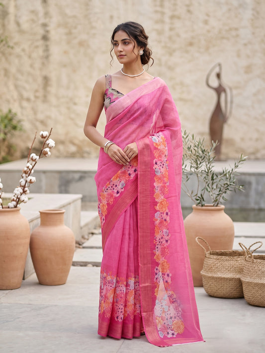 Maavish | Digital Floral Print Poly-Linen Saree Pink
