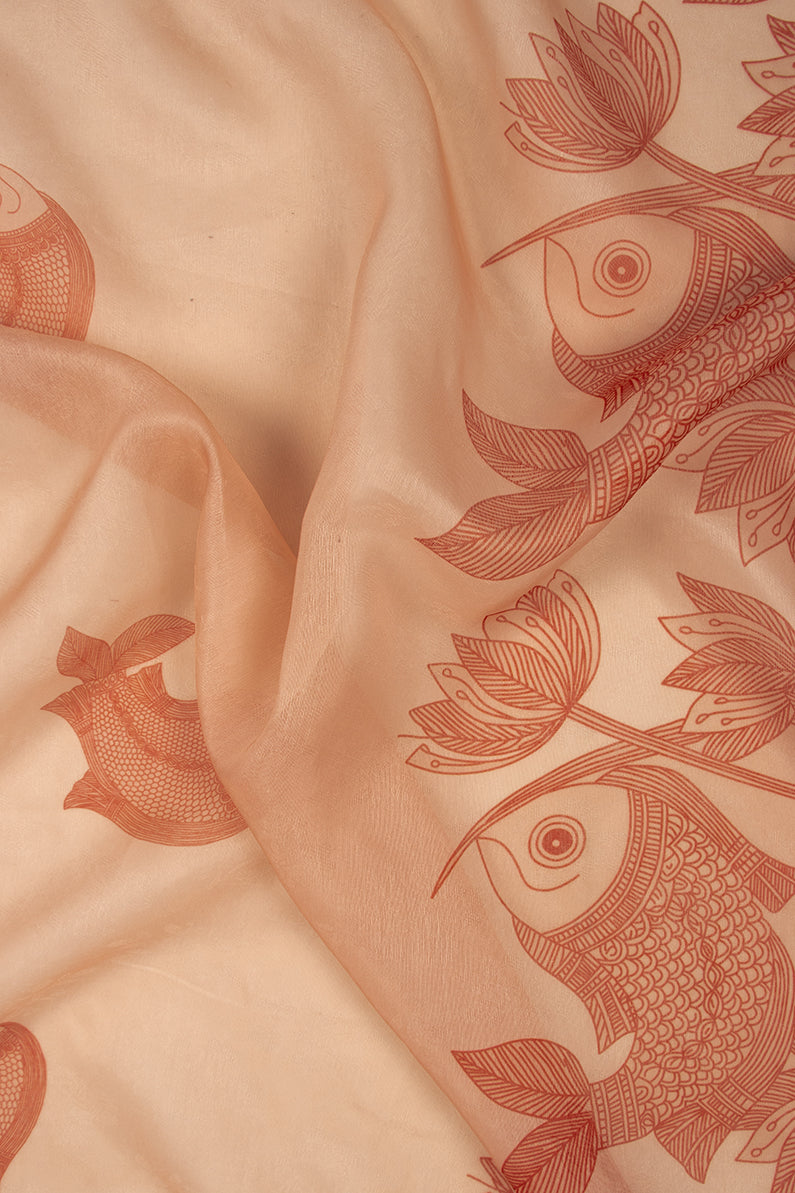 Maavish | Kalamkari-Inspired Digital Fish Print Poly-Linen Saree Red