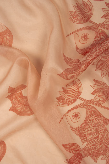 Maavish | Kalamkari-Inspired Digital Fish Print Poly-Linen Saree Red
