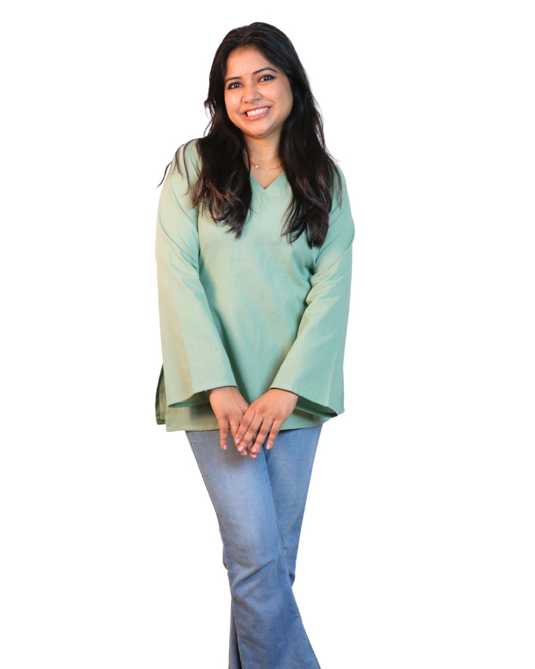 Solid Matt Green Bell Sleeve Short Kurta