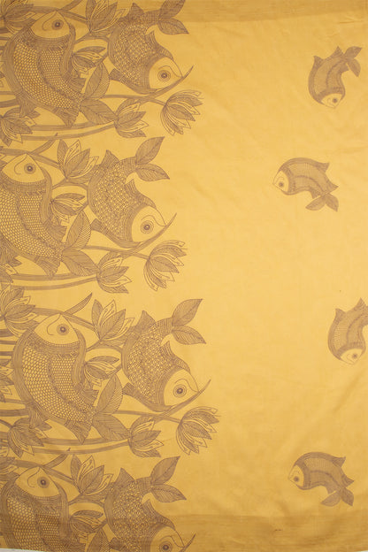 Maavish | Kalamkari-Inspired Digital Fish Print Poly-Linen Saree Yellow