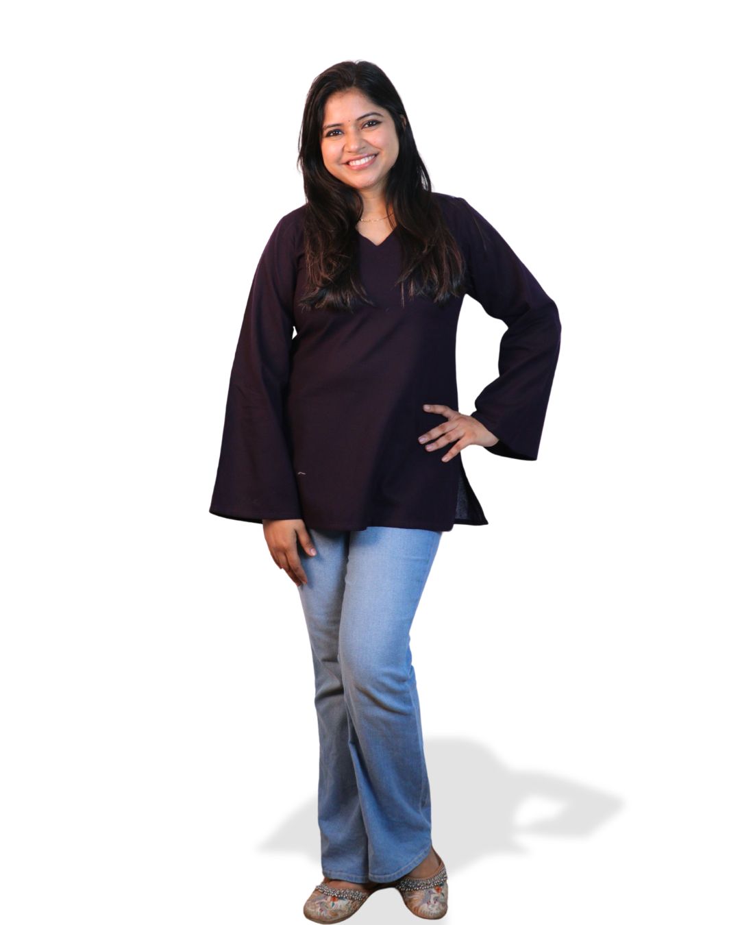 Solid Dark Purple Bell Sleeve Short Kurta