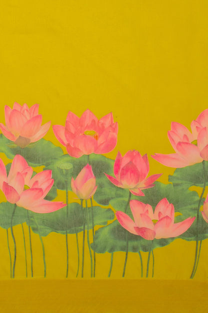 Maavish | Digital Lotus Print Poly-Linen Saree Yellow