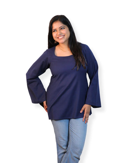 Solid Navy Blue Bell Sleeve Short Kurta