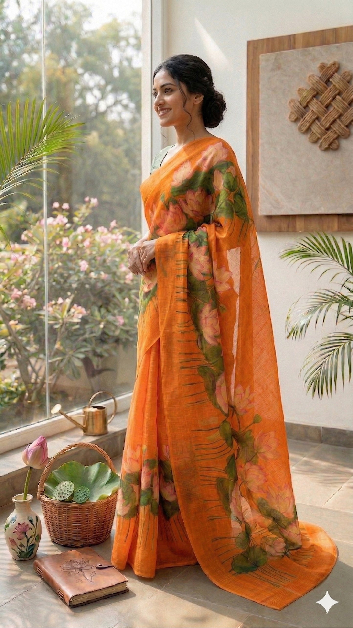 Maavish | Digital Lotus Print Poly-Linen Saree Orange