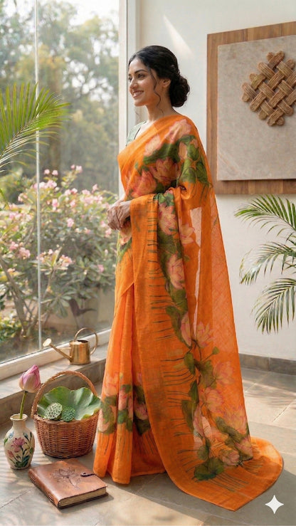 Maavish | Digital Lotus Print Poly-Linen Saree Orange