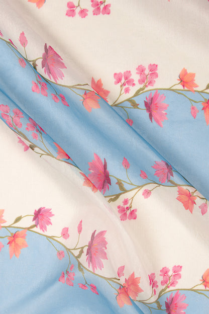 Maavish | Digital Floral Print Poly-Linen Saree Blue