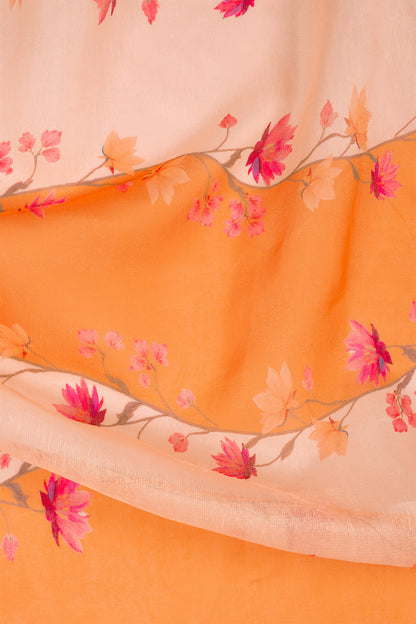 Maavish | Digital Floral Print Poly-Linen Saree Orange