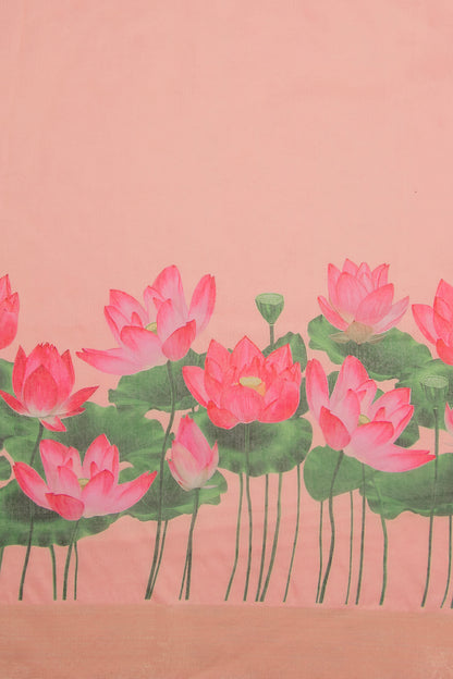 Maavish | Digital Lotus Print Poly-Linen Saree Peach
