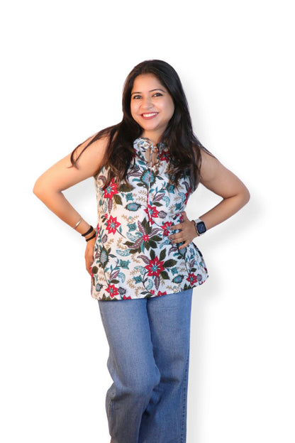 Maavish Women Off-White & Red Floral Printed Halter Neck Top with Tie-Up