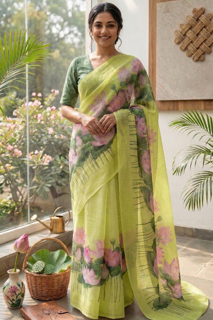 Maavish | Digital Lotus Print Poly-Linen Saree Green