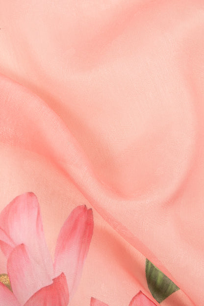 Maavish | Digital Lotus Print Poly-Linen Saree Peach