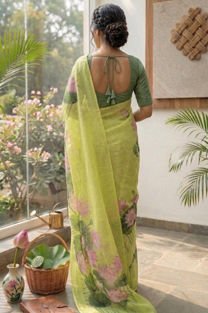Maavish | Digital Lotus Print Poly-Linen Saree Green
