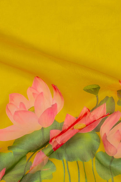 Maavish | Digital Lotus Print Poly-Linen Saree Yellow