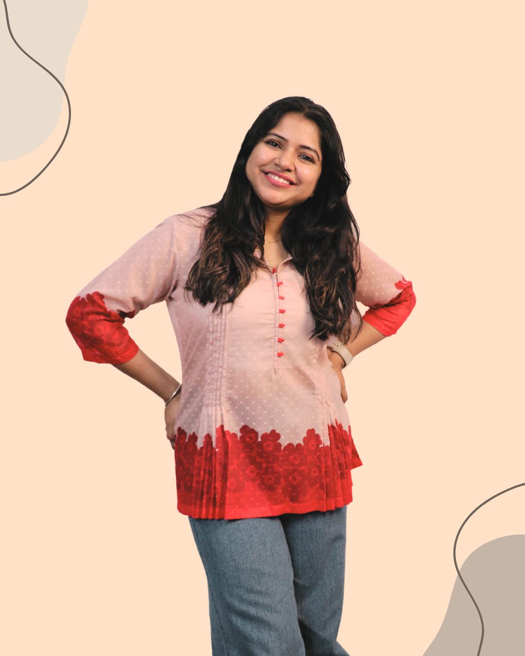 Red Floral Print Short Kurta