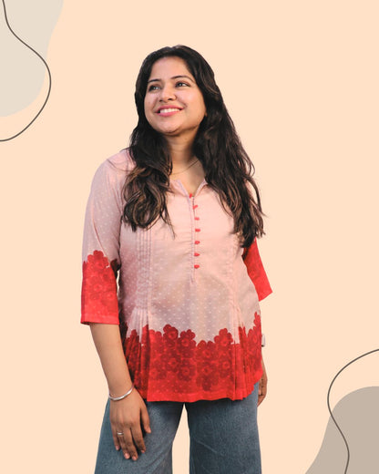 Red Floral Print Short Kurta