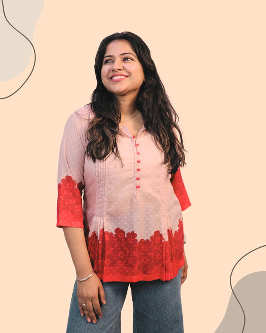 Red Floral Print Short Kurta