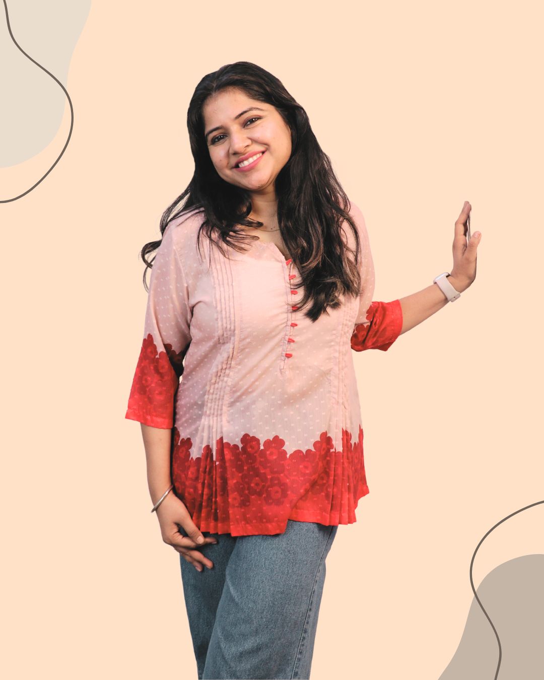 Red Floral Print Short Kurta