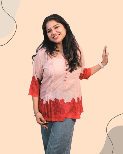 Red Floral Print Short Kurta