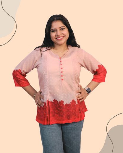 Red Floral Print Short Kurta