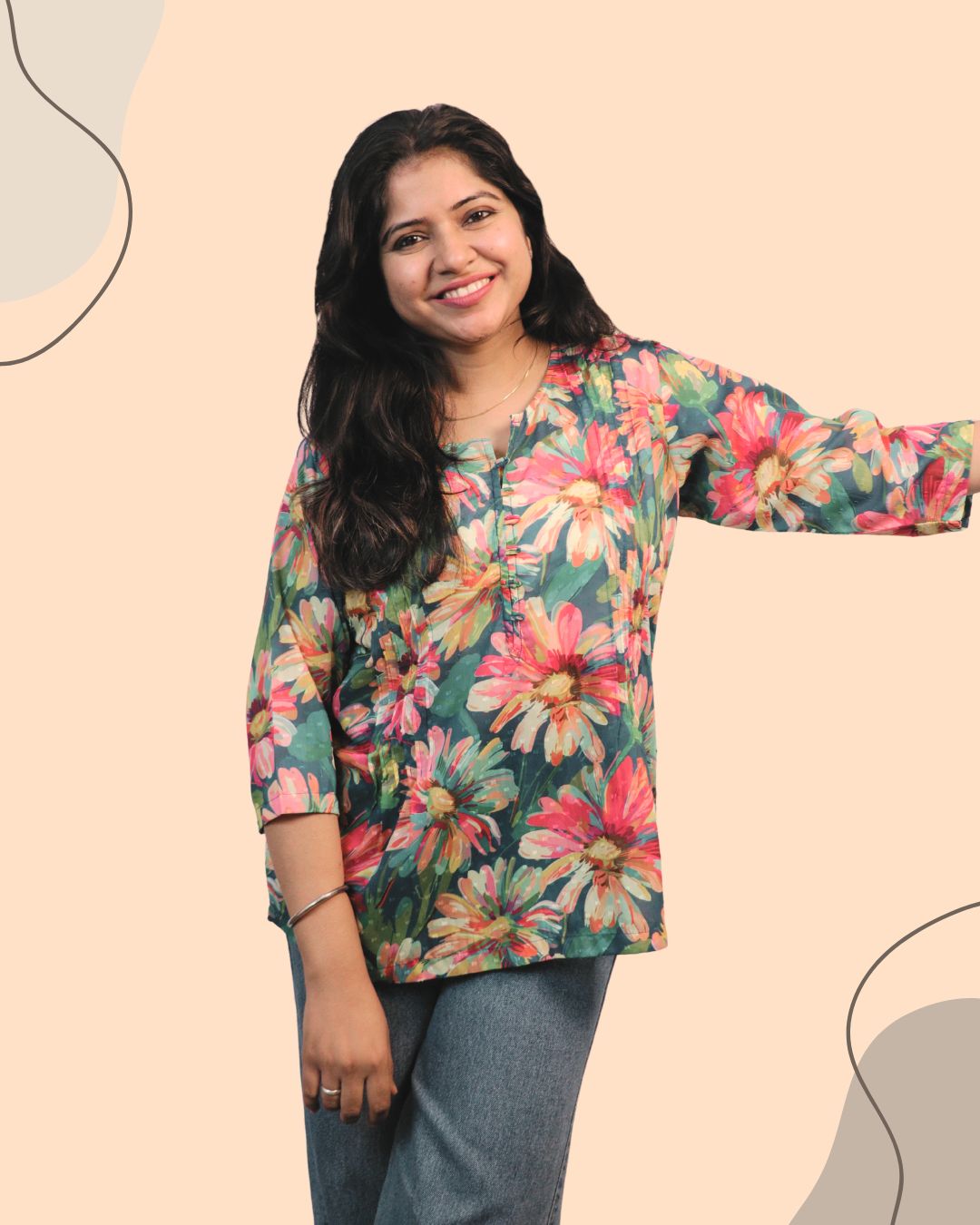 Green Floral Print Short Kurta