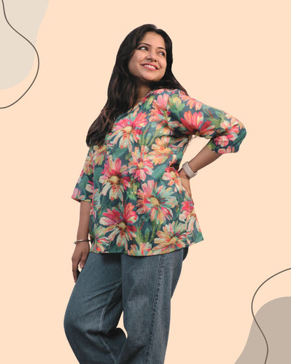 Green Floral Print Short Kurta