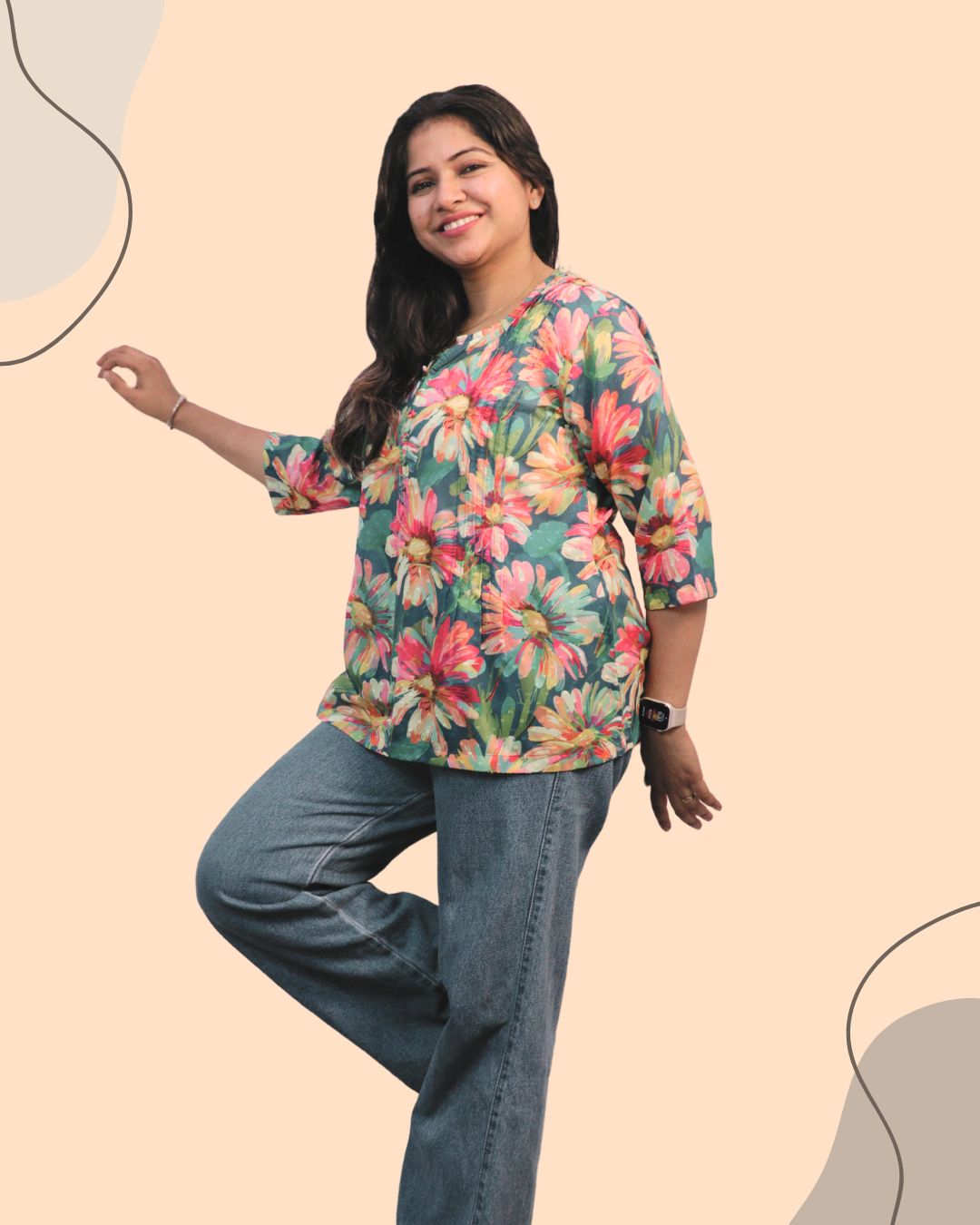 Green Floral Print Short Kurta