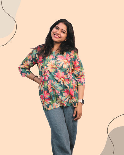 Green Floral Print Short Kurta