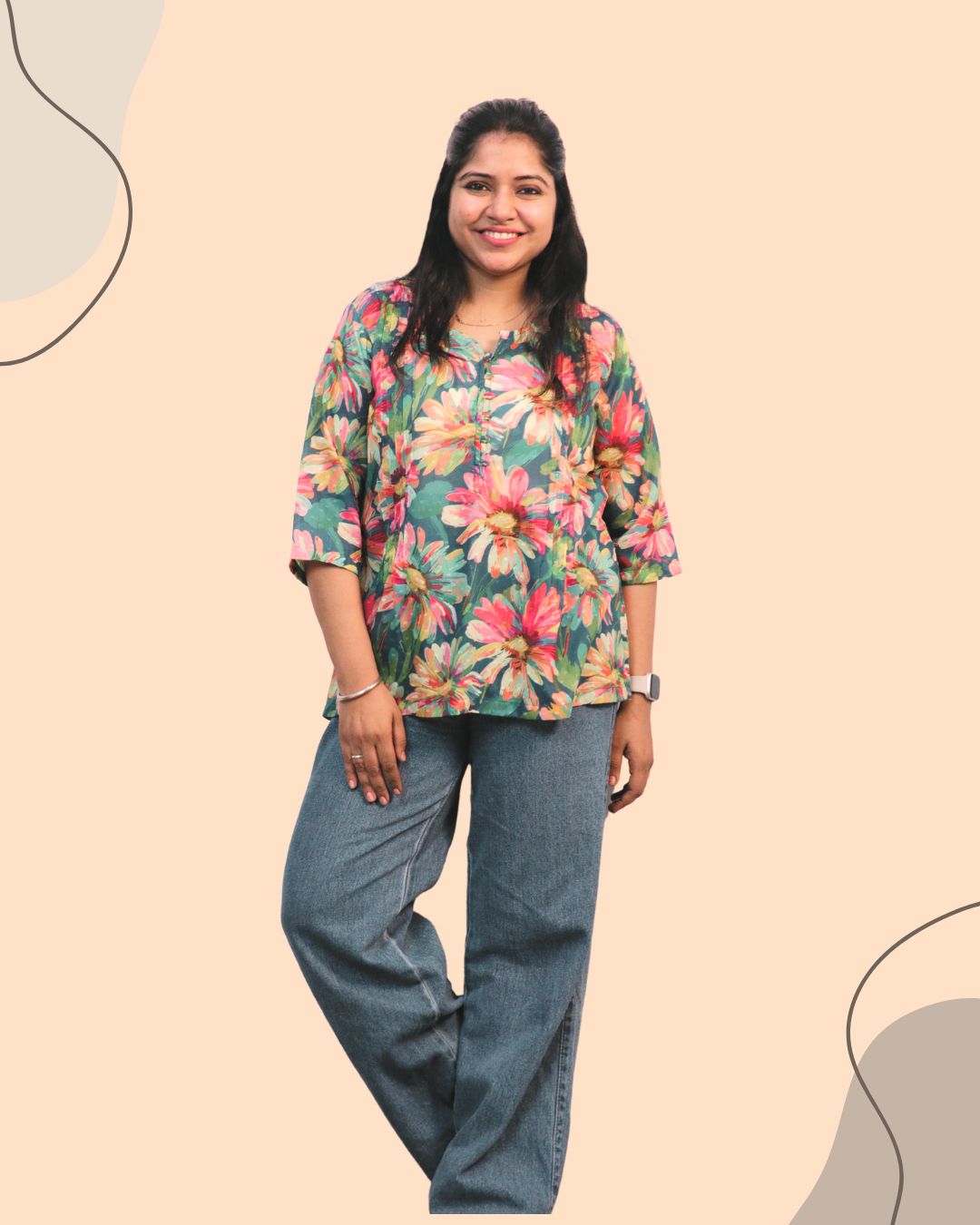 Green Floral Print Short Kurta