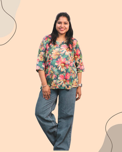 Green Floral Print Short Kurta