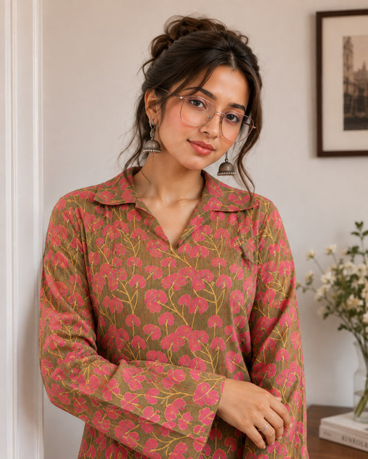 Green And Pink Floral Print Short Kurta Retro Sleeve .
