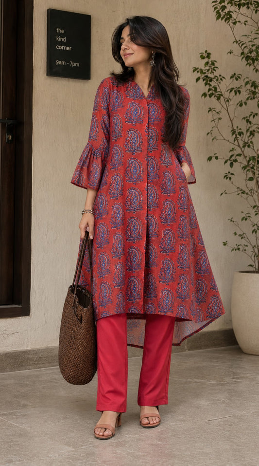 Paisley Print Red Kurta Set.