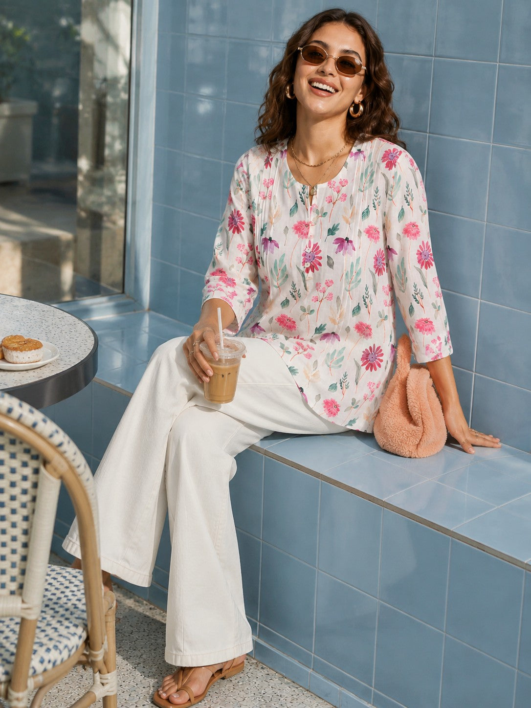 Floral Pink Print Short Kurta