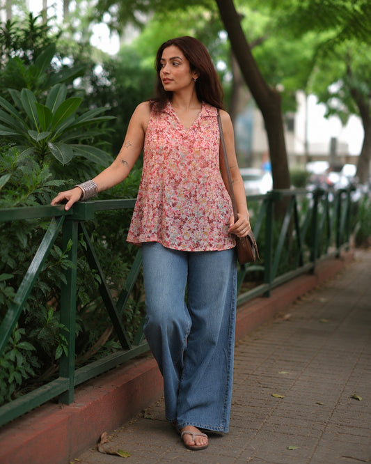 Peach Floral Print Short Kurta Sleeveless.