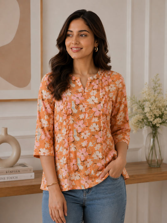 Yellow Floral Print Short Kurta.