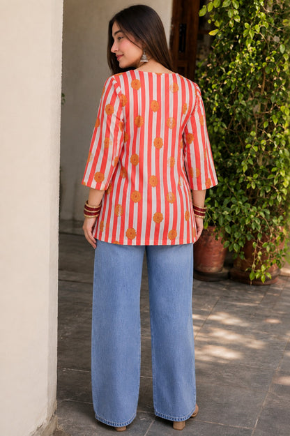 Stripes Floral Printed Short Kurti.