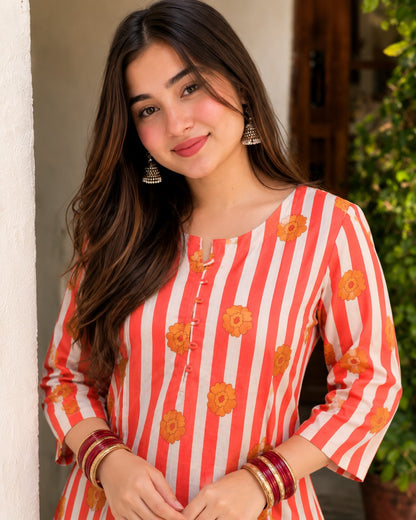 Stripes Floral Printed Short Kurti.