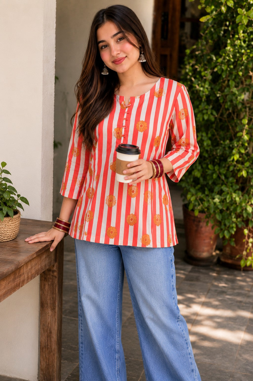 Stripes Floral Printed Short Kurti.