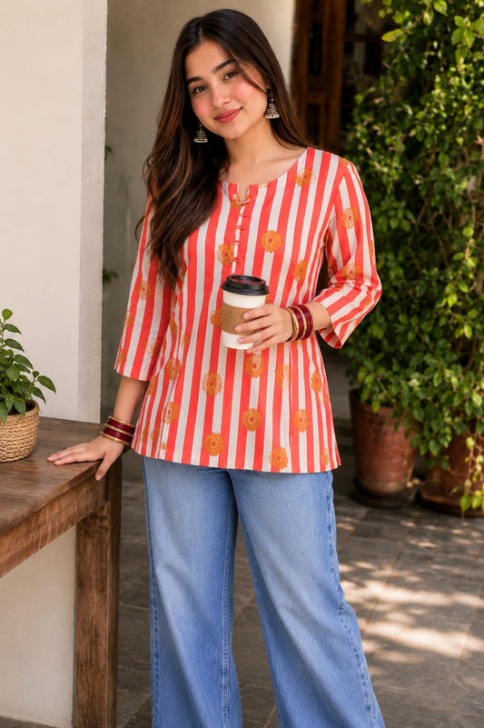 Stripes Floral Printed Short Kurti.