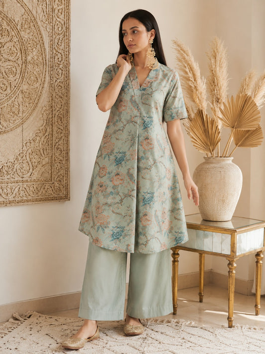 Floral V-Neck Kurta Set.